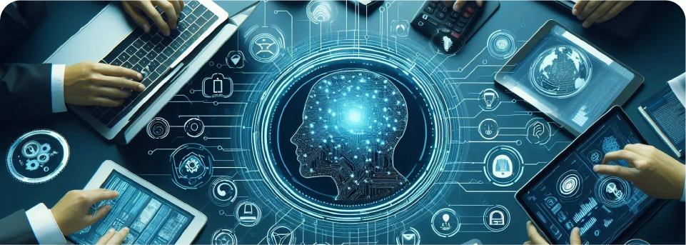 Team collaborating around an AI brain interface and connected institutional processes