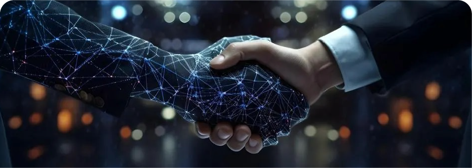 Digital handshake representing global AI standards and trusted partnerships