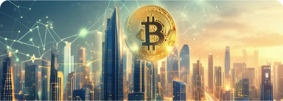 Digital currency above a connected skyline representing the data driven economy