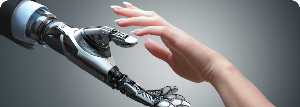 Robotic hand reaching towards a human hand, representing computing power