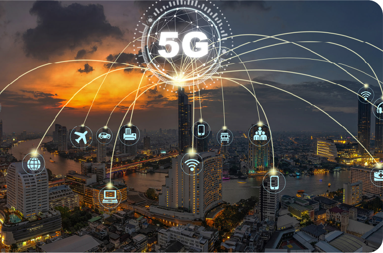 5G connected city at dusk linking modern digital service platforms