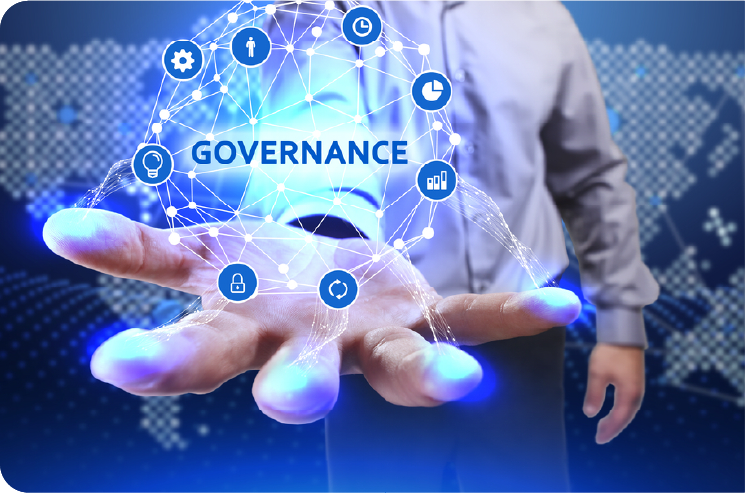 Governance framework icons projected above an open hand