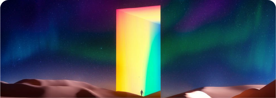 Illuminated gateway under an aurora, representing the future of microchip manufacturing