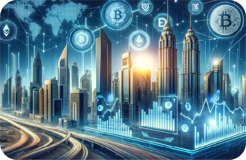 Digital currency symbols and market data over a modern GCC skyline