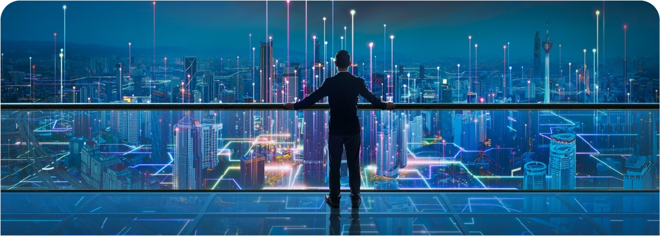 Executive overlooking a data-driven city, representing comprehensive transformation