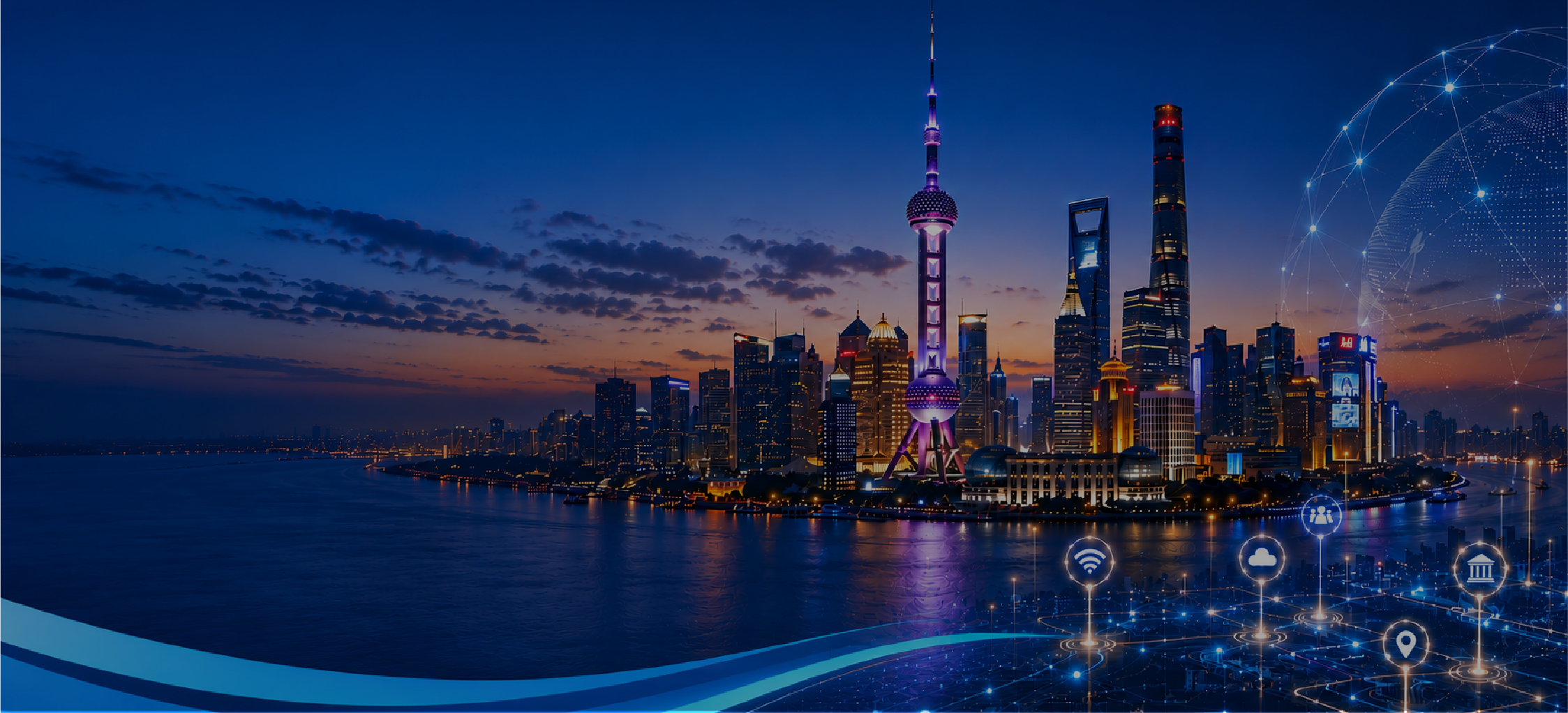 Shanghai skyline at dusk with a connected digital network
