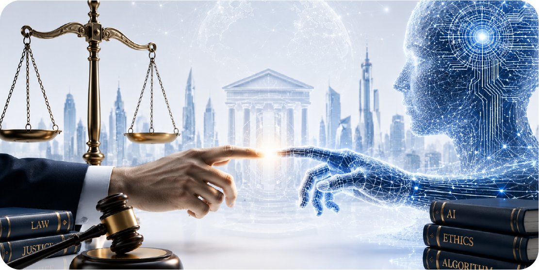 A human hand and a digital AI hand reaching towards one another between scales of justice and volumes on law, ethics and algorithms