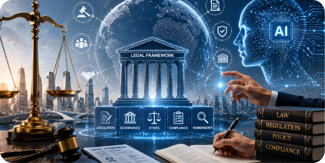 A holographic legal framework building surrounded by governance, ethics, compliance and transparency icons, with an AI profile and law volumes