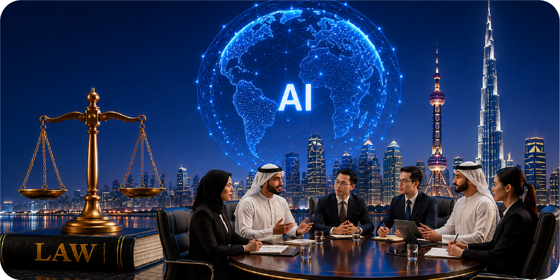 Delegates in discussion around a boardroom table before an illuminated AI globe and night skyline