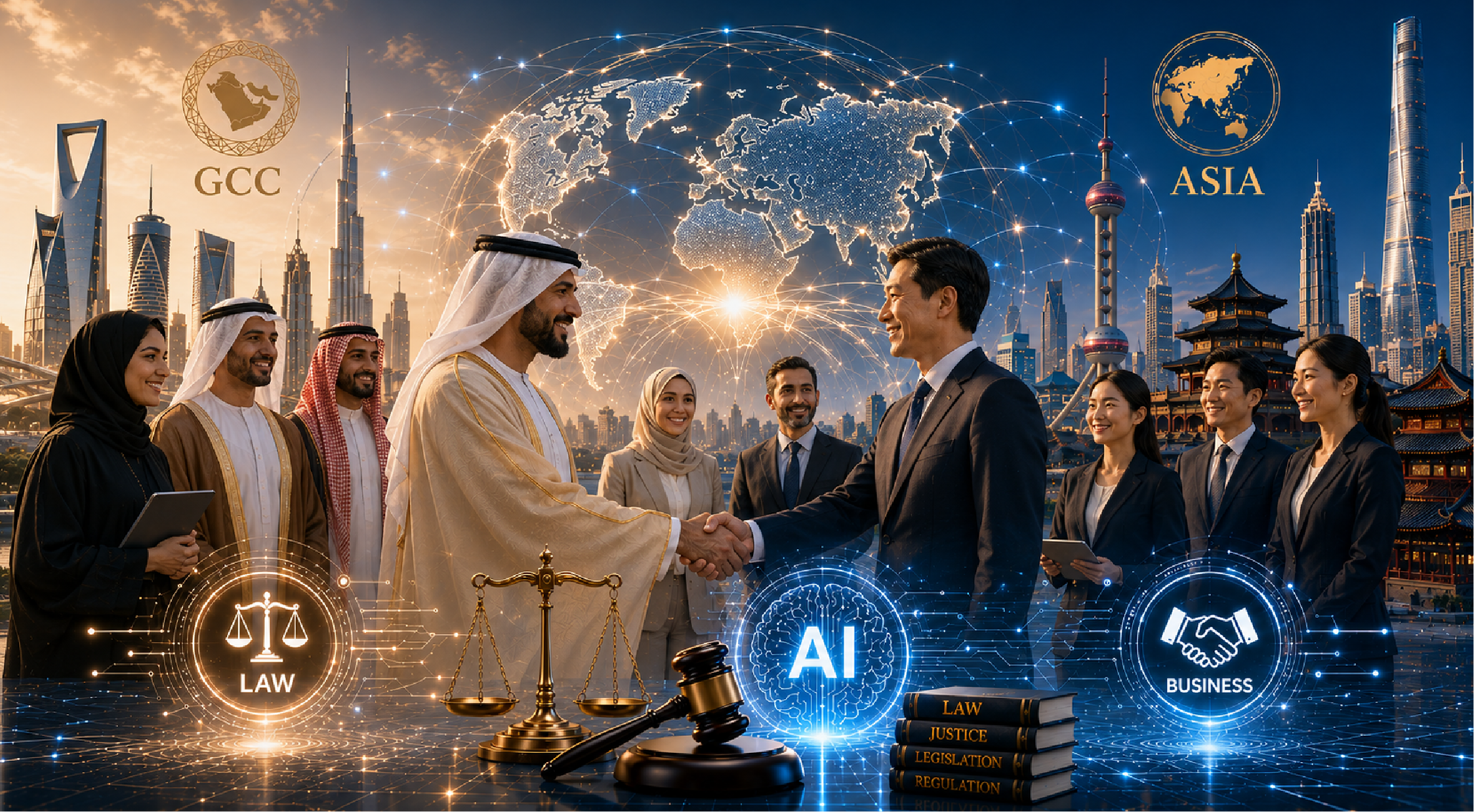 GCC and Asian government, legal and business leaders shaking hands before a global AI network, with scales of justice, a gavel and law volumes