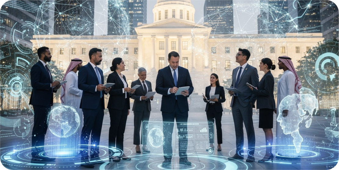 Government and business delegates with tablets before an institutional building, surrounded by holographic data interfaces