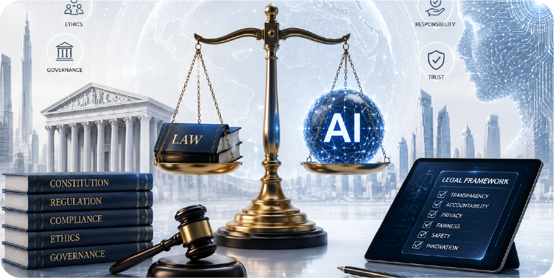 Scales of justice balancing law volumes against a glowing AI sphere, beside a tablet listing a legal framework