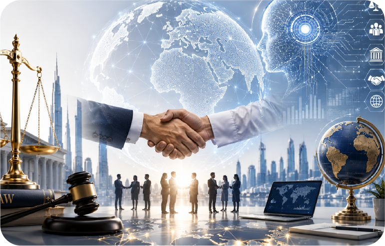 A handshake over a digital globe with scales of justice, a gavel and delegates gathered in a futuristic skyline